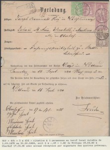 Citation de 4 personnes au tarif local (valable du 1,9,1876 au 31.10.1884, soit 4 x 45ct de Wittnau à Oberhof le 17.IX.1880 avec accusé de réception par signature des quatre prévenus.